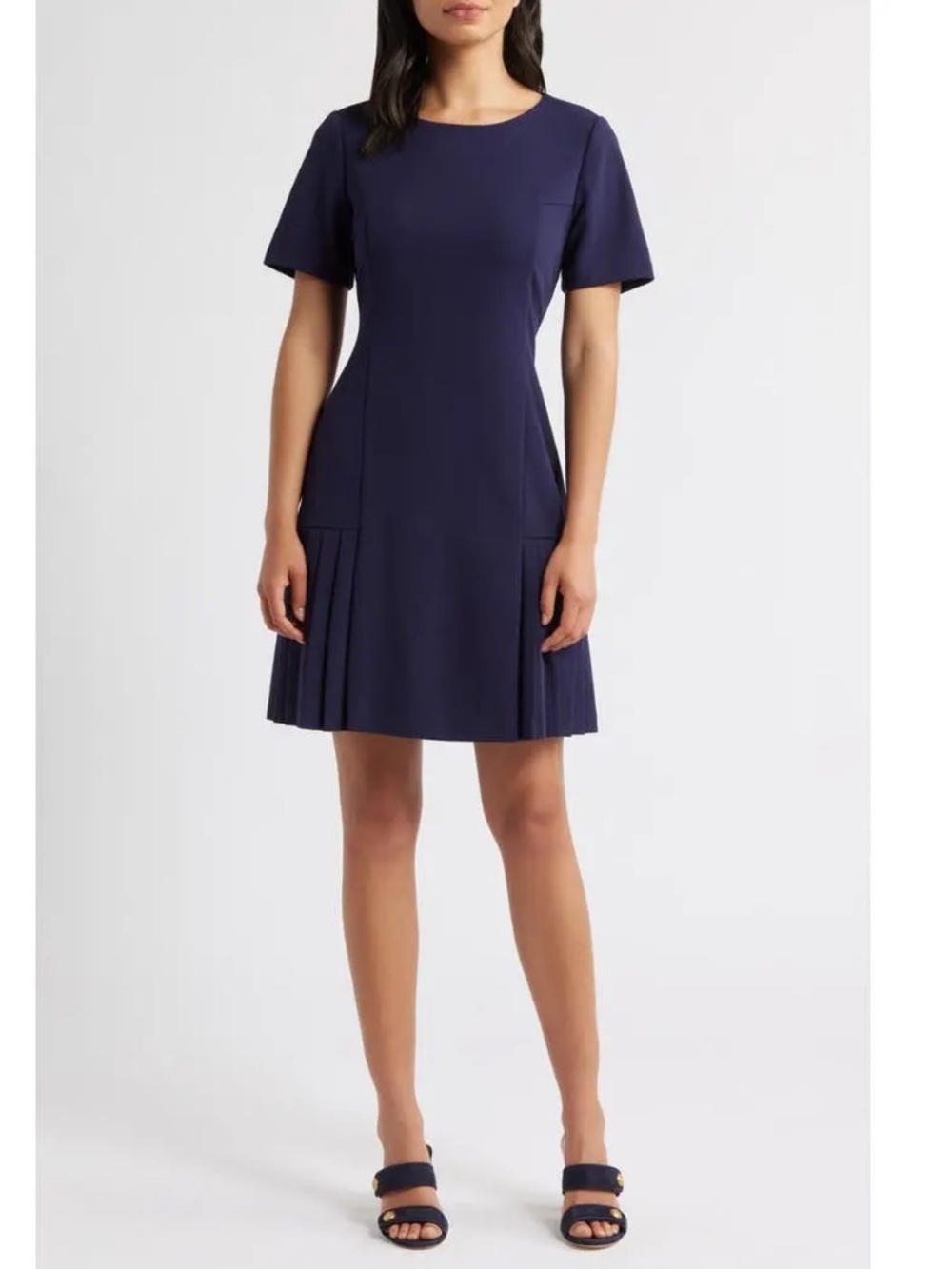 Navy Short-Sleeve Sheath Dress with Pleat Detail
